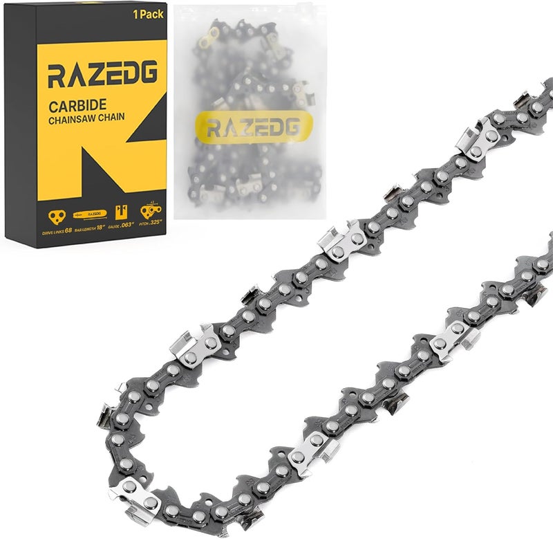 RazEdg Carbide Chainsaw Chain 18 Inch, .325" Pitch, .063" Gauge, 68 Drive Links, Fits Stihl 025, MS 250, MS 251(PRE 2023 .063" Gauge) and More (1 Chain) - Image 1